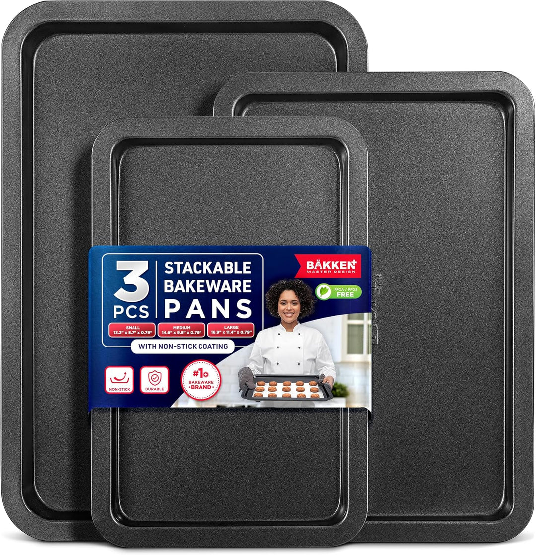 Bakken 3-piece gray cookie sheet set with red silicone handles