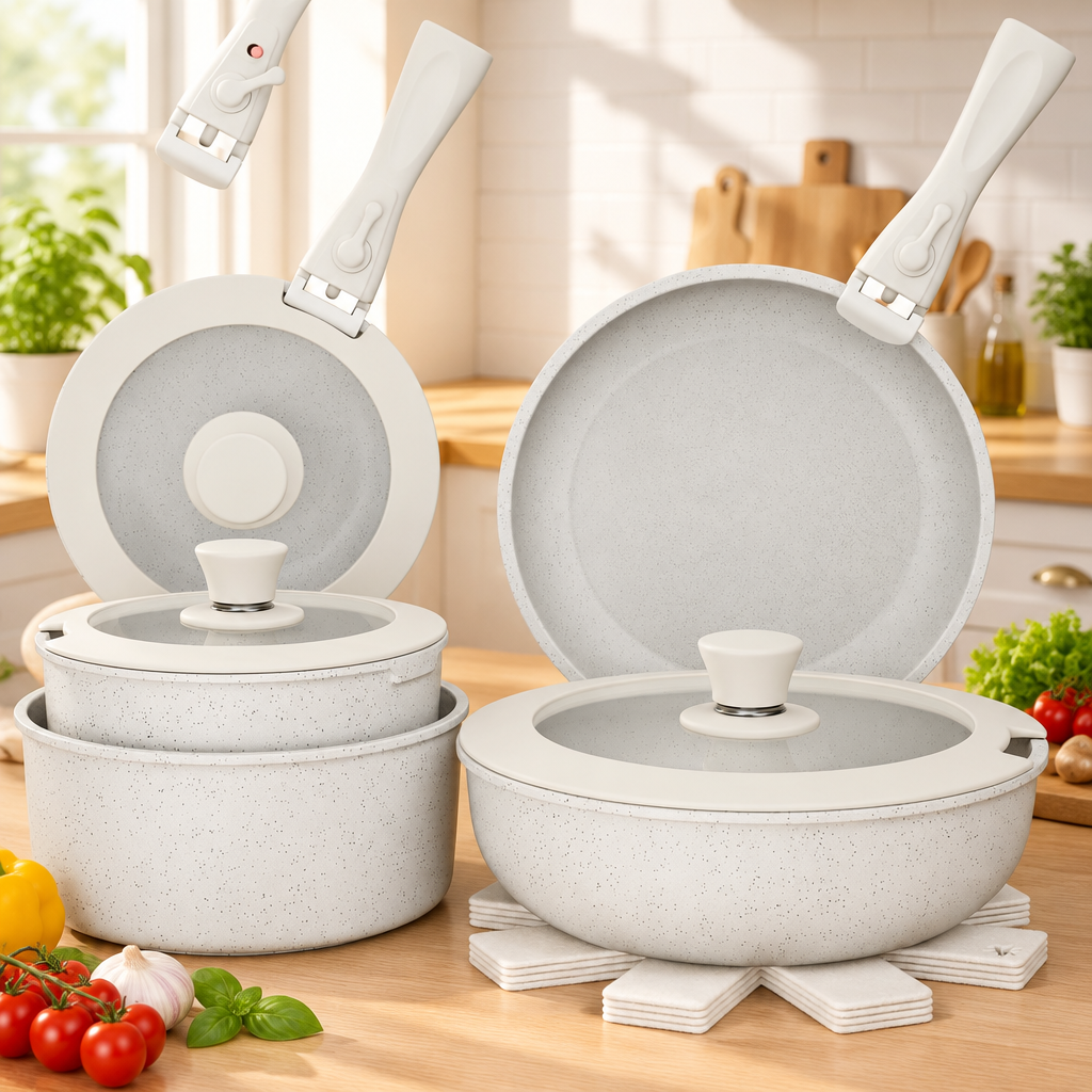 14-piece detachable cookware set in white cream for a first apartment kitchen