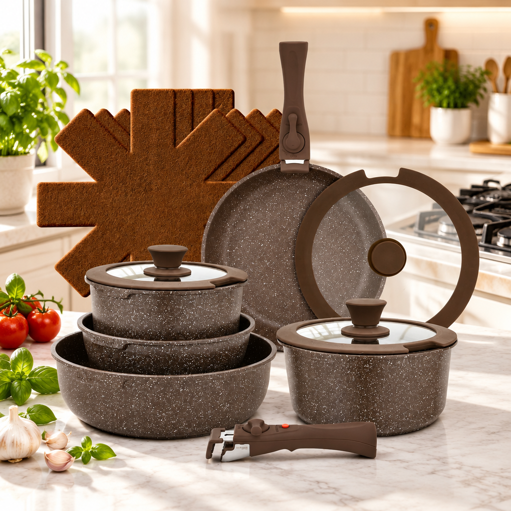 15-piece detachable handle cookware set in dark gray