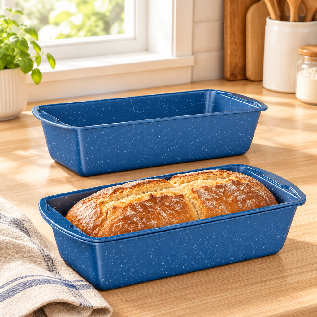 Two blue marble nonstick loaf pans in different sizes