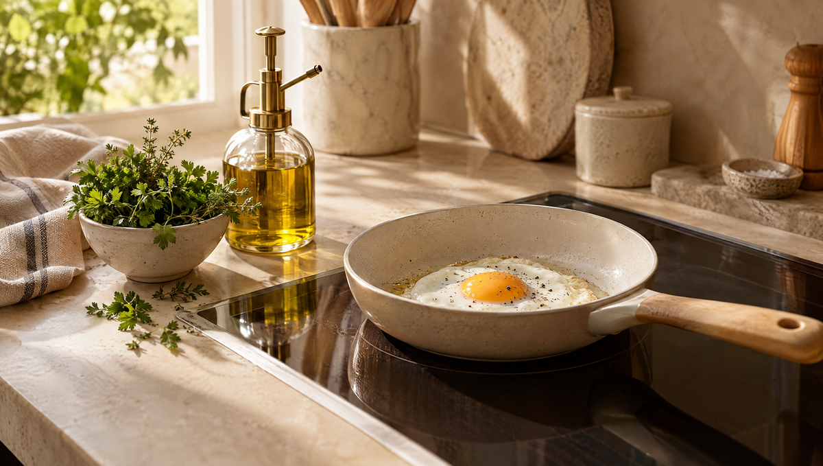 Egg in a small ceramic nonstick pan with an oil mister