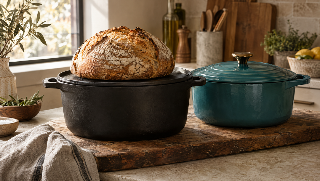 Cast iron Dutch ovens with a crusty loaf of bread