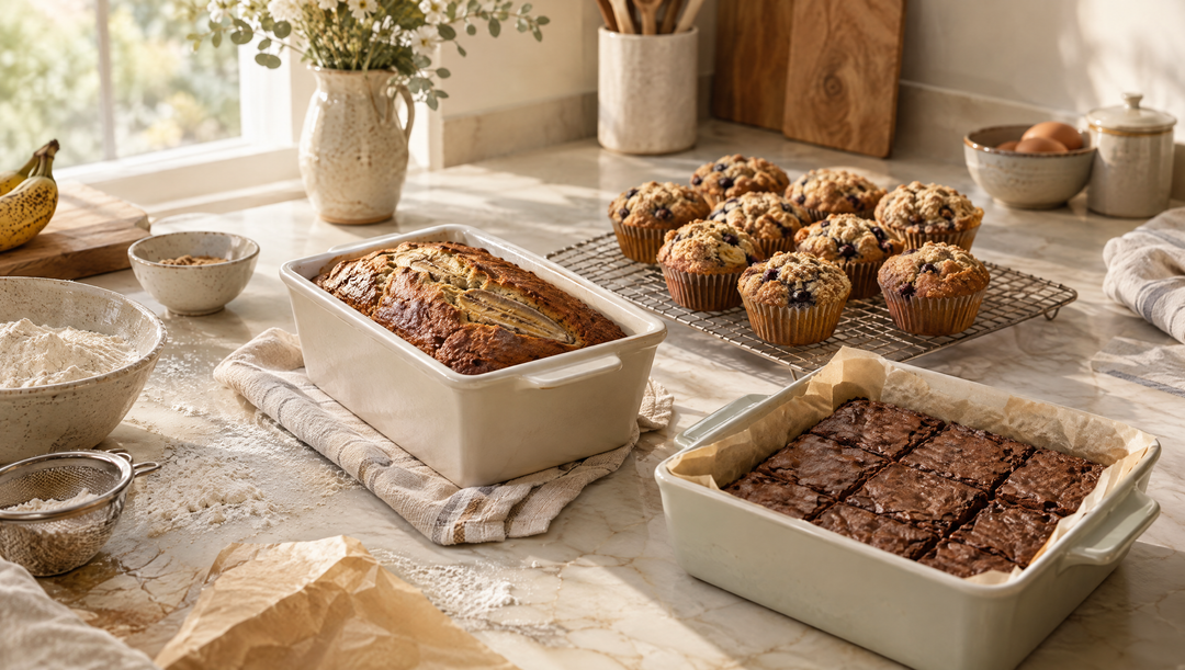 Banana bread, muffins and brownies in bakeware on marble