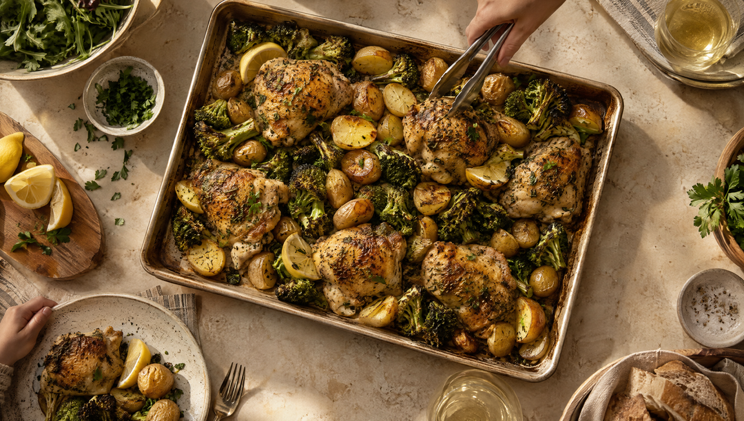 Sheet pan of lemon-herb chicken, potatoes and broccoli