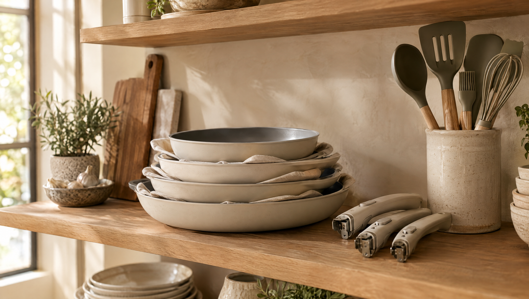Nested nonstick pans with pan protectors on an oak shelf