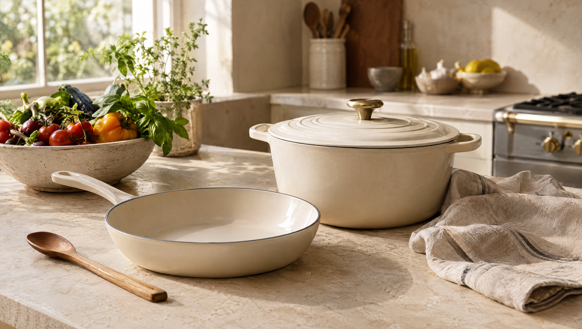 Ceramic skillet and enameled Dutch oven on a limestone counter