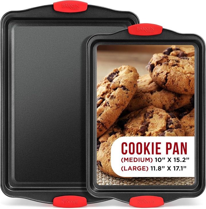 2 Piece Set Nonstick Carbon Steel Oven Bakeware -Professional Quality Kitchen Cooking Baking Trays -PFOA, PFOS, PTFE-Free Small & MediumBaking Sheet Pans with Red Silicone Handles