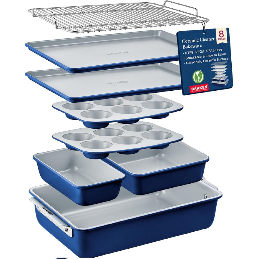 Bakken 8-Piece Ceramic Bakeware Set – Stackable, Blue