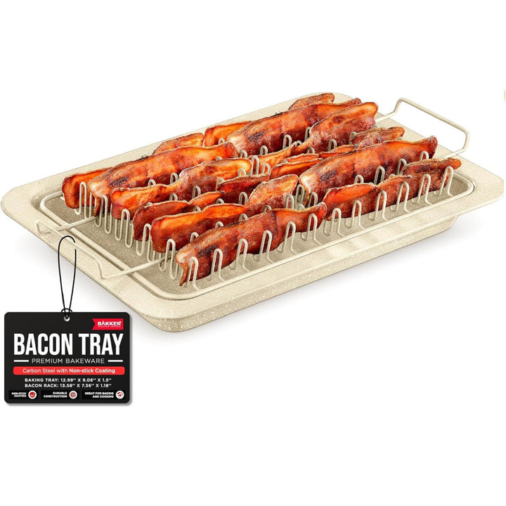 Bacon Tray - 2-Piece Set – Marble Coating - Durable, Non-Stick Cooking Tray for Bacon – White Stone Tray and Carbon Steel Rack