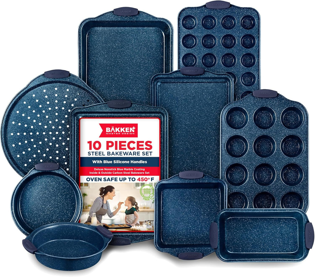 BAKKEN Kitchen Baking Pan Set - Nonstick Coating, Carbon Steel Bakeware Sets with Blue Silicone Handles, Baking Kitchen Essentials, PFOA, PFOS, PTFE Free, Oven Safe Tray (Up To 450° F), Set of 10