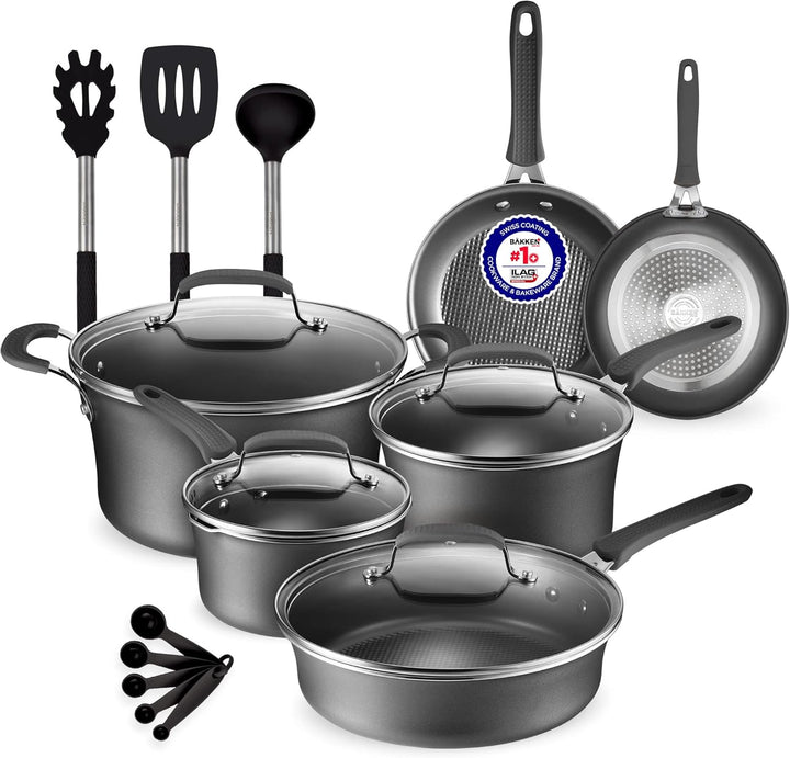 Pots and Pans Set – 14 Piece – Non-Stick Professional Home Kitchenware – Cooking Pots with Lids – Skillet Fry Pans – Suitable for Gas, Electric, Ceramic and Induction Counter Cooktops - Black