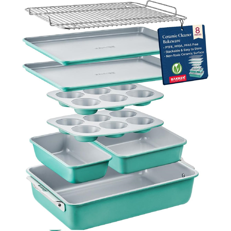 Bakken 8-Piece Ceramic Bakeware Set – Stackable, Teal
