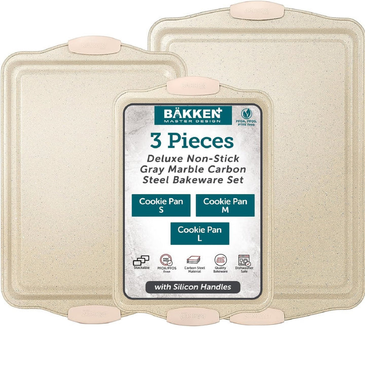 BAKKEN Cookie Sheets for Baking Nonstick Set - 3-Piece Stackable Carbon Steel Baking Sheet Pans Set with Silicone Handles, Non Toxic Cookie Sheets for Baking Bakeware Set - White Marble