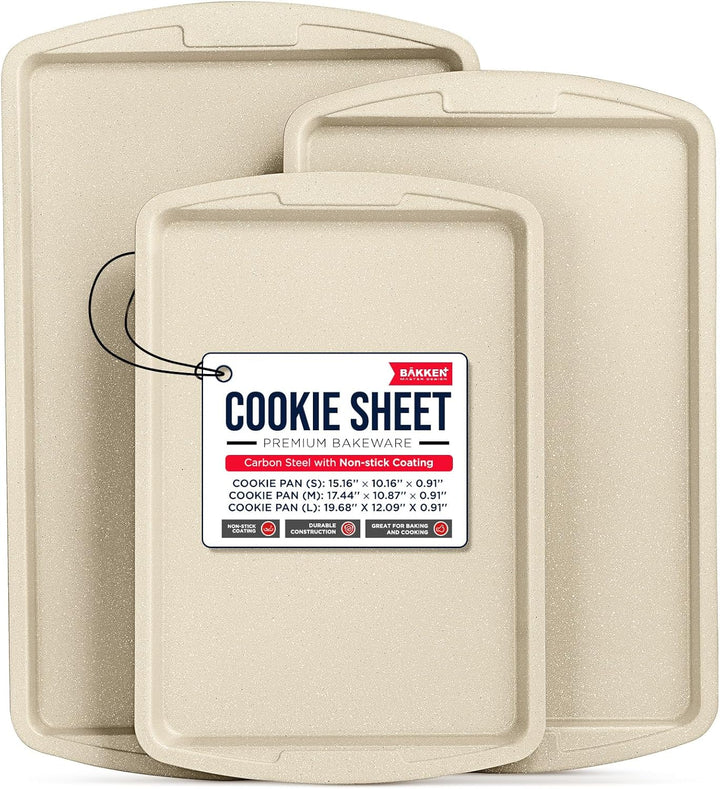 Bakken Swiss Cookie Sheet 3 Piece Set - Non-Stick, Stackable Baking Pans, White marble Deluxe Ceramic Coating – Dishwasher Safe - for Home Baking