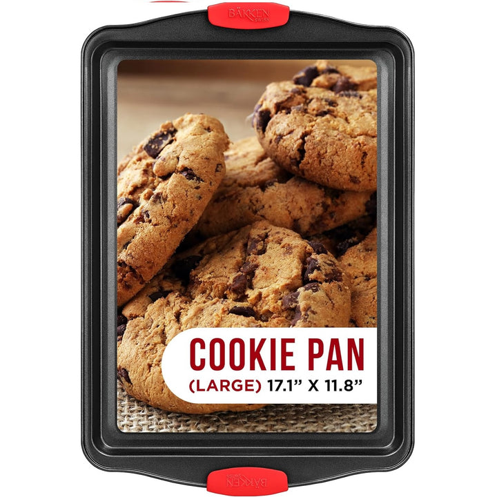 Nonstick Cookie Sheet Pan Carbon Steel Oven Tray Sheet Pan with Red Silicone Handles -large Bakeware Pan Tray with Gray Coating Inside & Outside