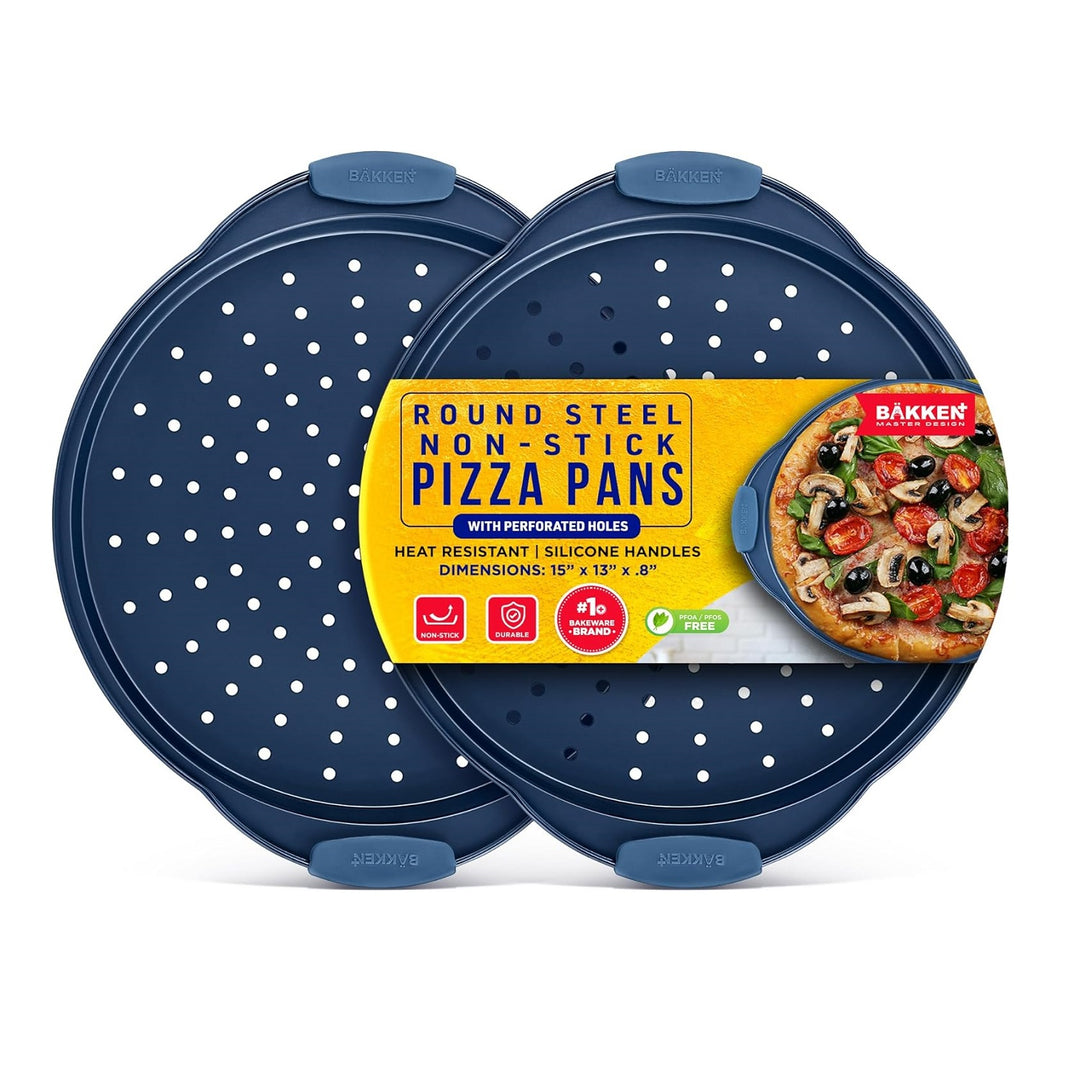 Bakken Pizza Baking Pan - Round Perforated Carbon Steel Pan with Non-Stick Marble Coating, Oversized Silicone Handle, Dishwasher Safe, High-Temperature Resistant, Durable & Easy Cleanup Blue, 2 Pack