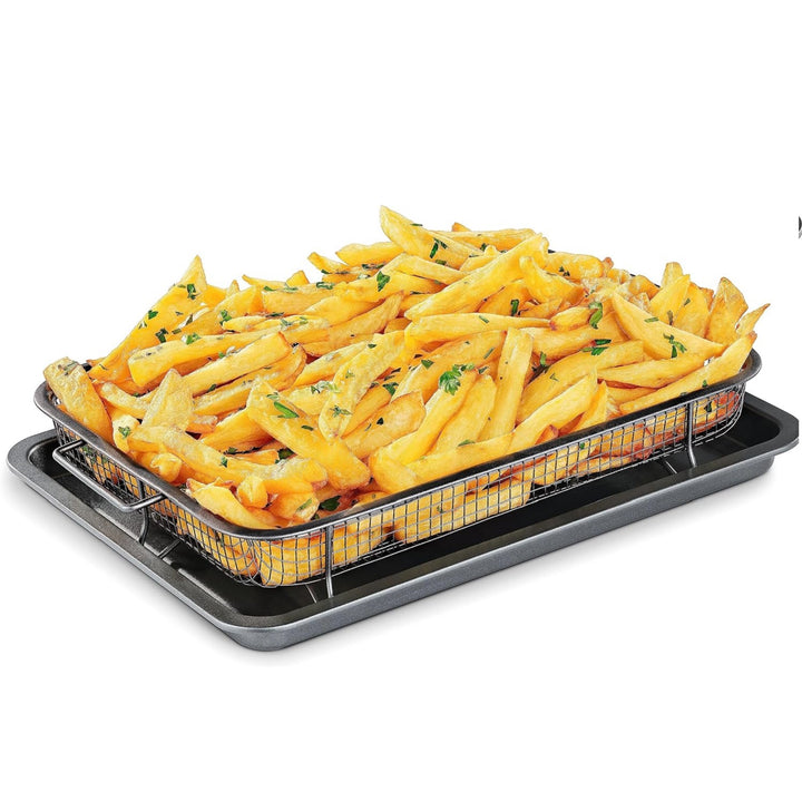 Bakken Swiss Air Fryer Tray, 2 in 1 Nonstick Crisper Air Fry Basket w/Elevated Mesh Great for Oven, Dishwasher Safe – Ceramic Coating PTFE/PFOA/PFOS FREE Extra-large (9.5"x13", Gray)