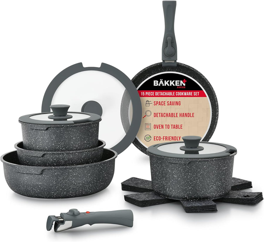 Bakken 15-Piece Detachable Cookware Set – Granite, Black Granite