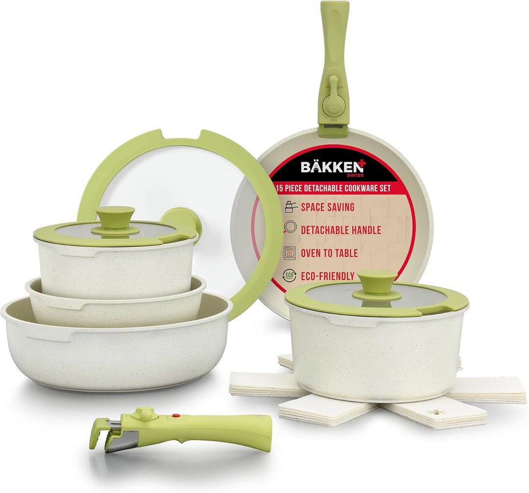Bakken 15-Piece Non-Stick Cookware Set with Detachable Handles – Granite Stackable Pots and Pans Set, Dish Washer Safe, Oven-Safe, and Compatible Kitchen Essential for All Stoves – Green/Cream