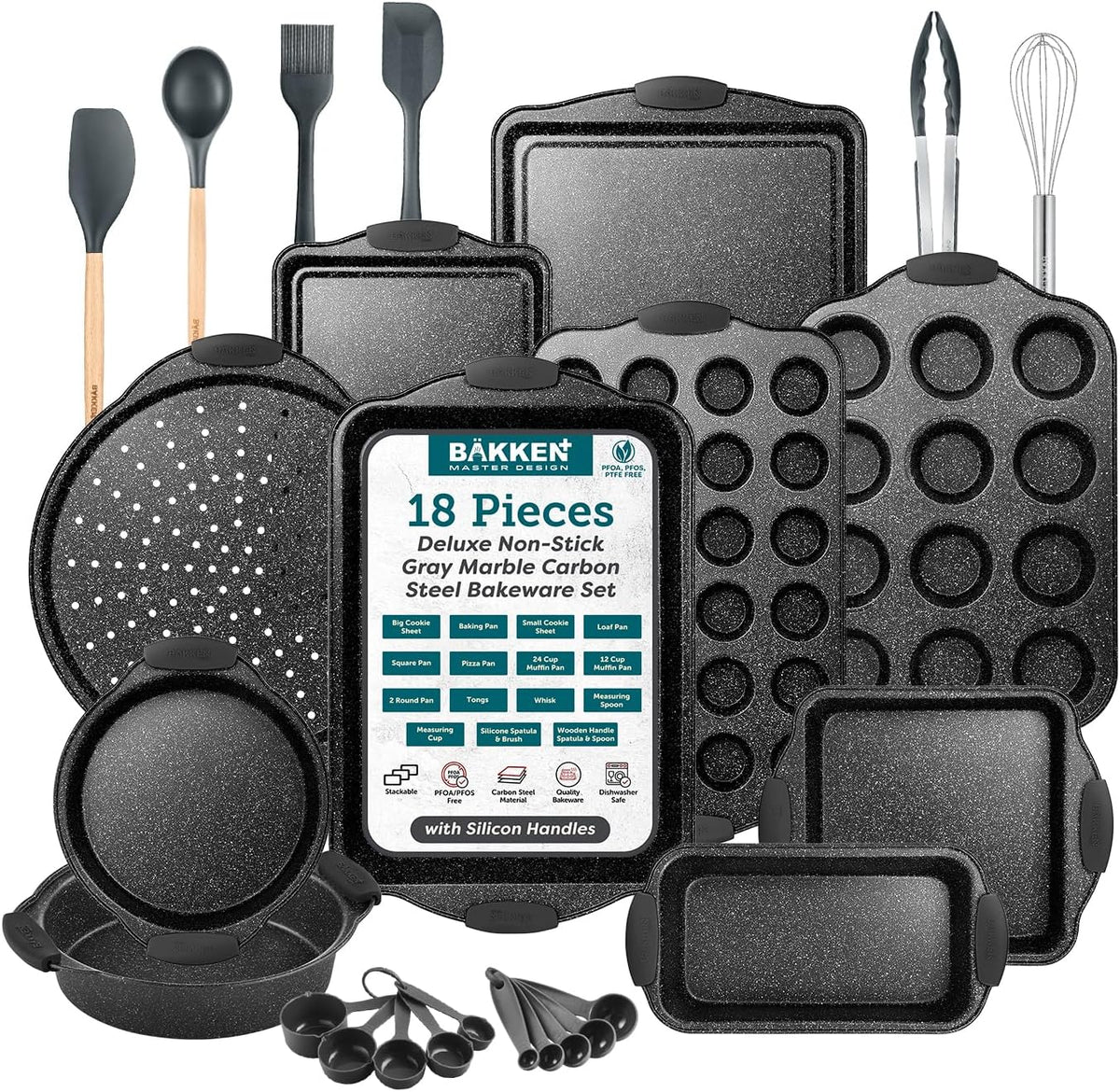 Bakken 18-Piece Bakeware Set – Silicone Handles, Gray Marble