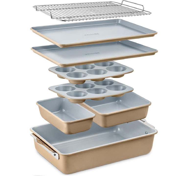 Bakken 8-Piece Stackable Bakeware Set - Ceramic Non-Stick Coating, Baking Sheets, Assorted Baking Pans, PTFE, PFOA & PFOS Free - Healthy Baking, Ergonomic Handles, Cooling Rack, Non-Toxic, Oven-Safe