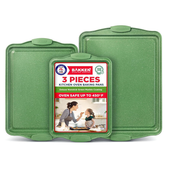 BAKKEN Kitchen Baking Pan Set - Nonstick Green Marble Coating, Carbon Steel Bakeware Sets with Green Silicone Handles, Kitchen Essentials, PFOA, PFOS, PTFE Free, Oven Safe (Up To 450° F), Set of 3