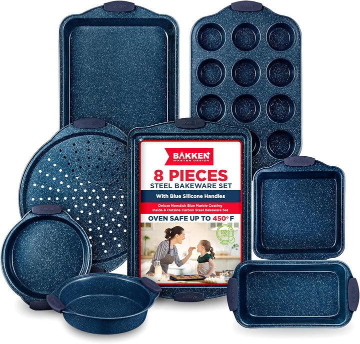 BAKKEN Kitchen Baking Pan Set - Nonstick Coating, Carbon Steel Bakeware Sets with Blue Silicone Handles, Baking Kitchen Essentials, PFOA, PFOS, PTFE Free, Oven Safe Tray (Up To 450° F), Set of 8