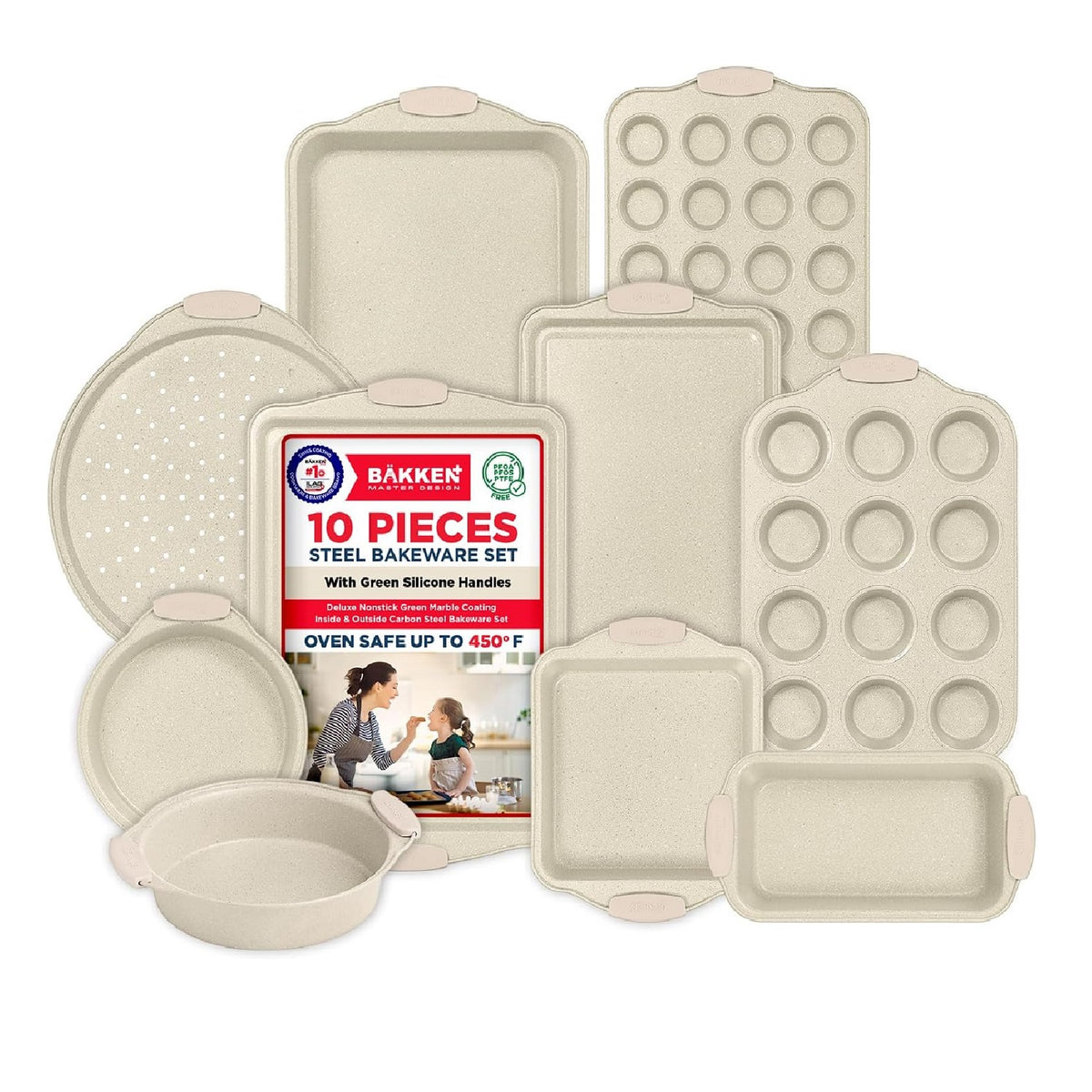 Bakken 10-Piece Bakeware Set – Gray, White Handles