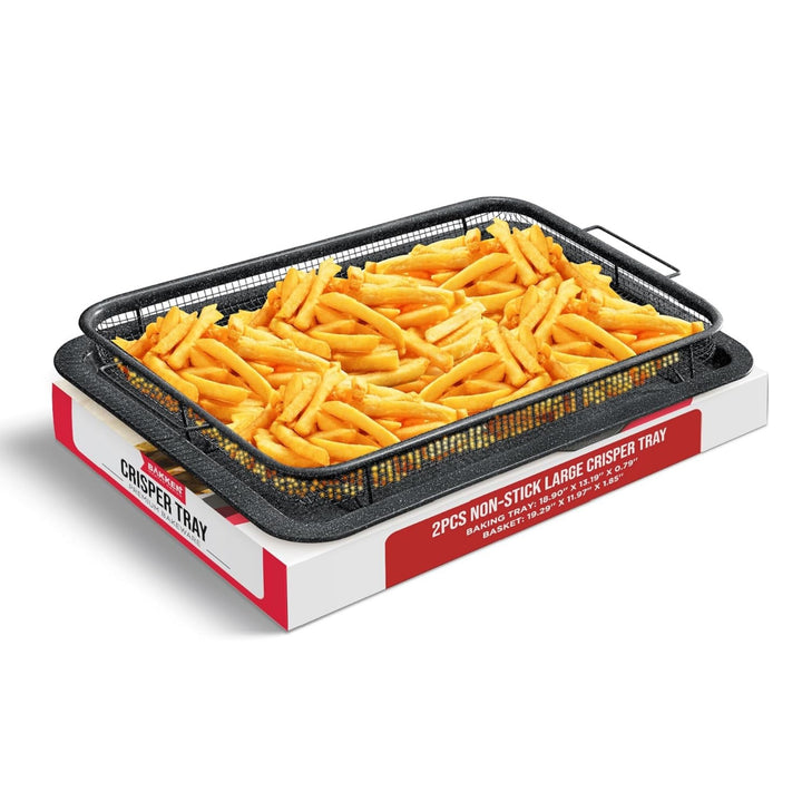 Bakken- Swiss Crisper Tray Gray marble Coating - 2-Piece Set , Non-Stick Basket Design for Healthier Cooking in Regular Ovens - Make Great Crispy Food , Bacon and More, Extra Large Size 19" x 13"
