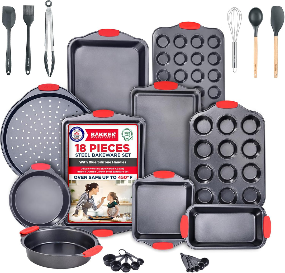 BAKKEN Kitchen Baking Pan Set - Nonstick Coating, Carbon Steel Bakeware Sets with Red Silicone Handles, Baking Kitchen Essentials, PFOA, PFOS, PTFE Free, Oven Safe Tray (Up To 450° F), Set of 18