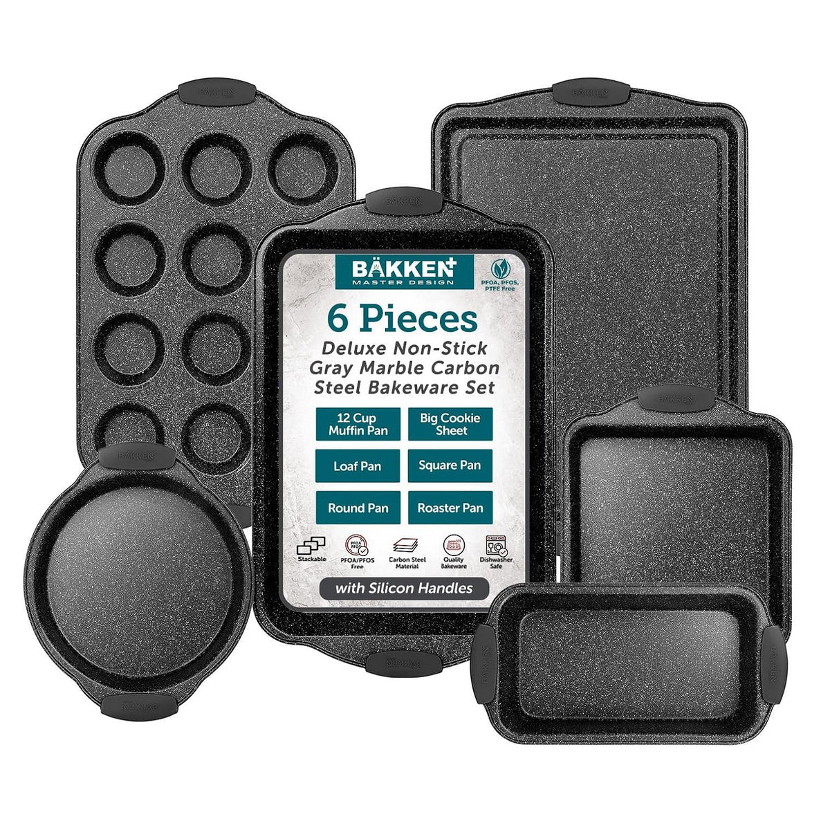 Bakken 6-Piece Bakeware Set – Silicone Handles, Gray Marble