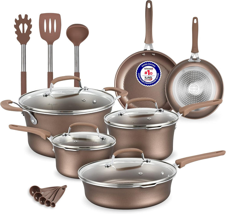 Pots and Pans Set – 14 Piece – Non-Stick Professional Home Kitchenware – Cooking Pots with Lids – Skillet Fry Pans – Suitable for Gas, Electric, Ceramic and Induction Counter Cooktops - Golden
