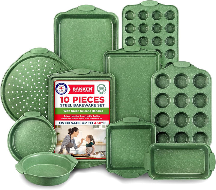 BAKKEN Kitchen Baking Pan Set - Nonstick Green Marble Coating, Carbon Steel Bakeware Sets with Green Silicone Handles, Kitchen Essentials, PFOA, PFOS, PTFE Free, Oven Safe (Up To 450° F), Set of 10
