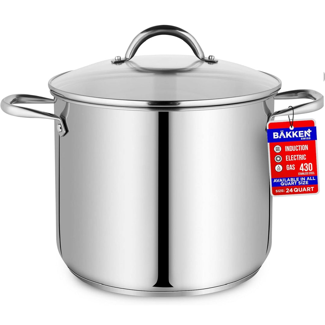 Bakken-Swiss Deluxe 24-Quart Stainless Steel Stockpot w/Tempered Glass See-Through Lid - Simmering Delicious Soups Stews & Induction Cooking - Exceptional Heat Distribution - Heavy-Duty & Food-Grade