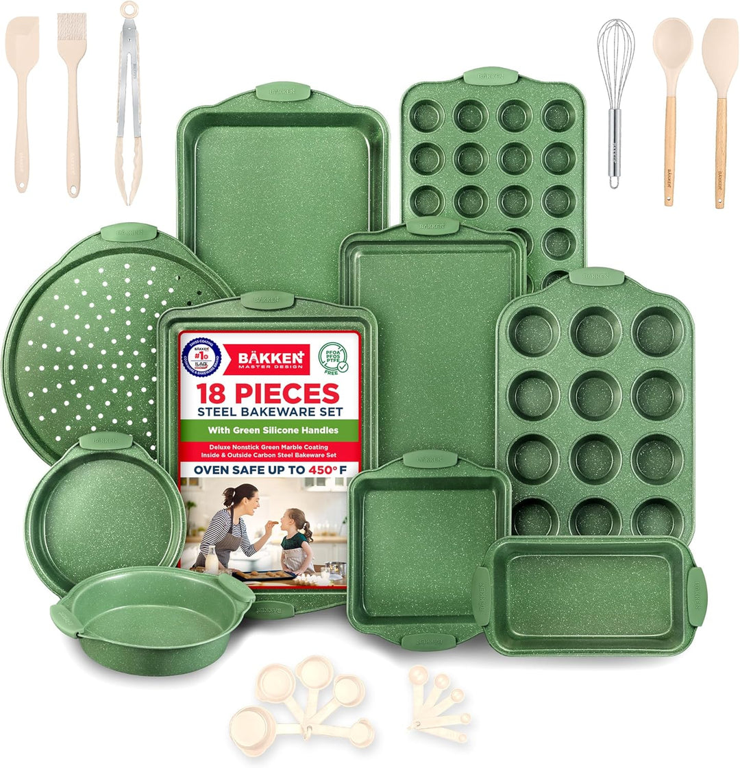 BAKKEN Kitchen Baking Pan Set - Nonstick Green Marble Coating, Carbon Steel Bakeware Sets with Green Silicone Handles, Kitchen Essentials, PFOA, PFOS, PTFE Free, Oven Safe (Up To 450° F), Set of 18