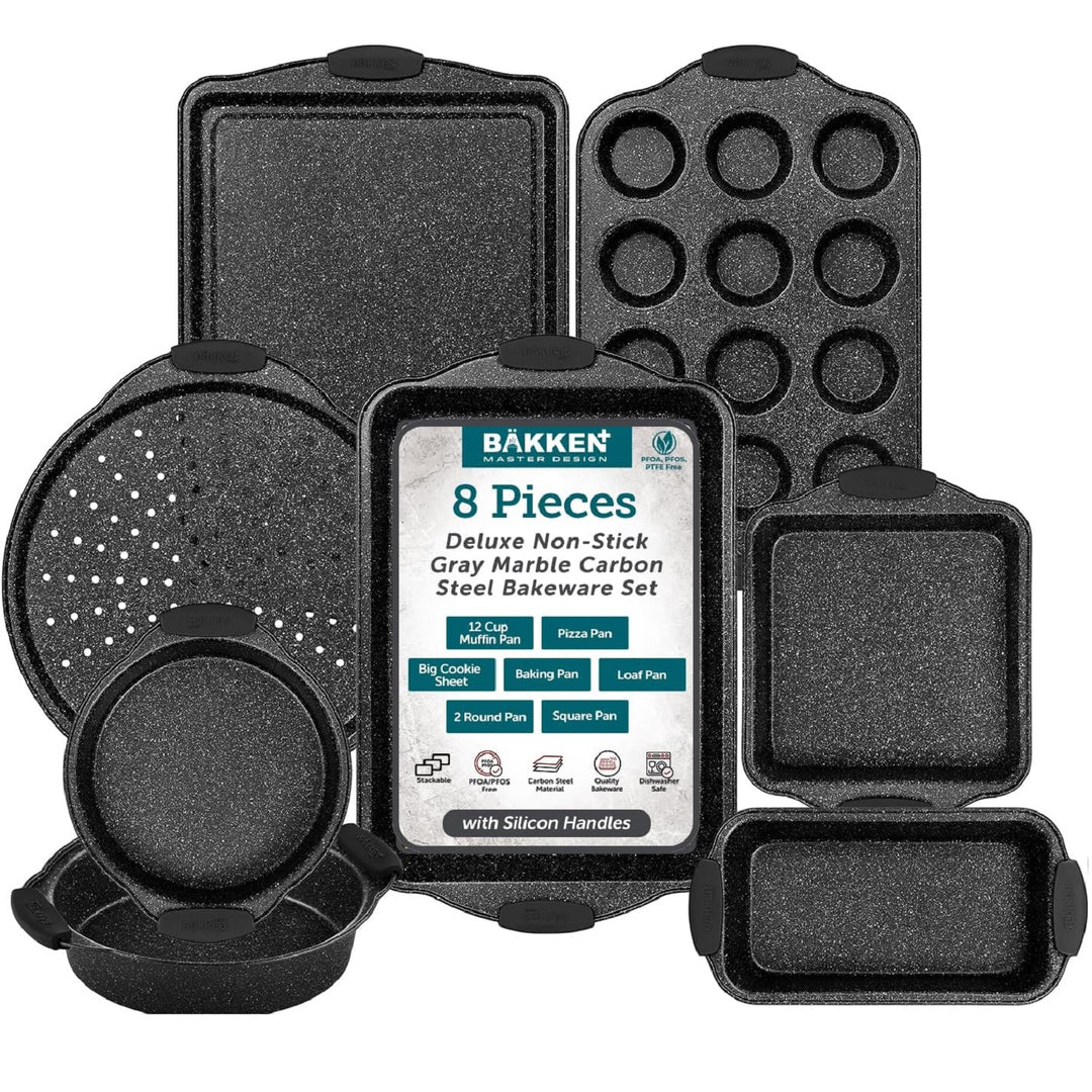 BAKKEN 8-Piece Kitchen Oven Baking Pans Set - Deluxe Nonstick Gray Marble Coating, Professional Grade Carbon Steel Bakeware with Silicone Handles - Oven, Dishwasher, and Freezer Safe