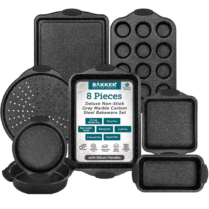 BAKKEN 8-Piece Kitchen Oven Baking Pans Set - Deluxe Nonstick Gray Marble Coating, Professional Grade Carbon Steel Bakeware with Silicone Handles - Oven, Dishwasher, and Freezer Safe