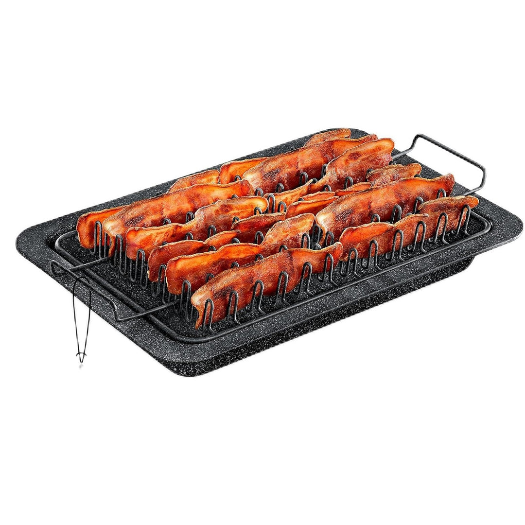 Bacon Tray - 2-Piece Set – Marble Coating - Durable, Non-Stick Cooking Tray for Bacon – Black Stone Tray and Carbon Steel Rack