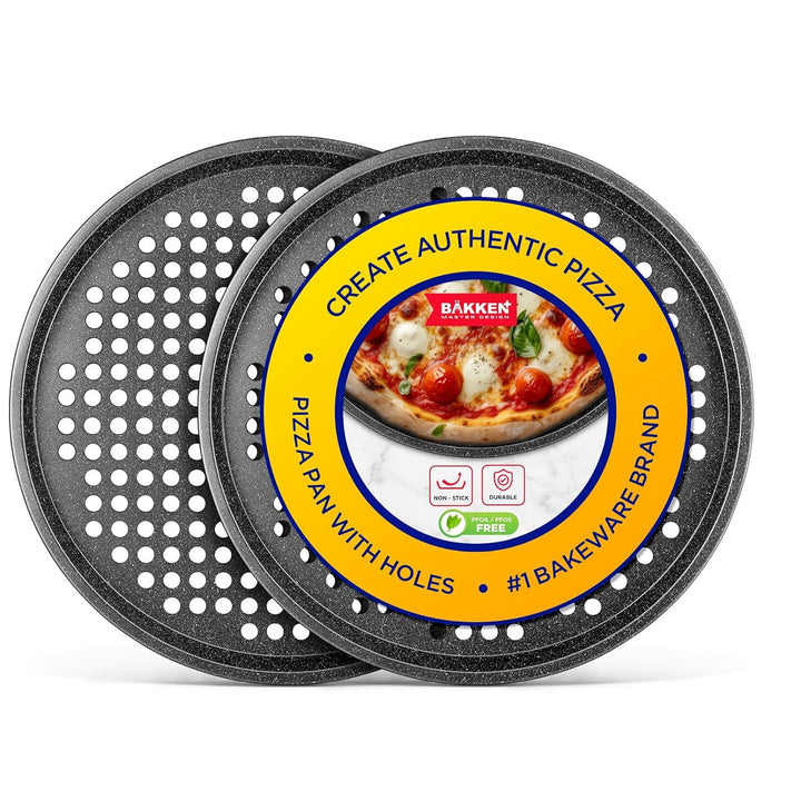 Bakken Pizza Baking Pan - Round Perforated Carbon Steel Pan with Non-Stick Marble Coating, Oversized Silicone Handle, Dishwasher Safe, High-Temperature Resistant, Durable & Easy Cleanup Gray, 2 Pack