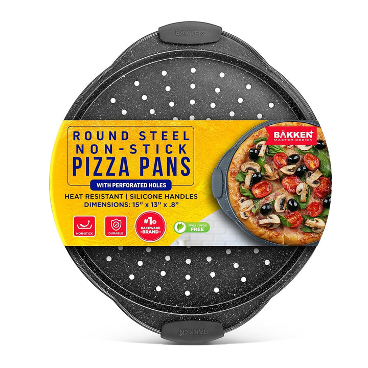 Bakken Pizza Baking Pan - Round Perforated Carbon Steel Pan with Non-Stick Marble Coating, Oversized Silicone Handle, Dishwasher Safe, High-Temperature Resistant, Durable & Easy Cleanup Gray