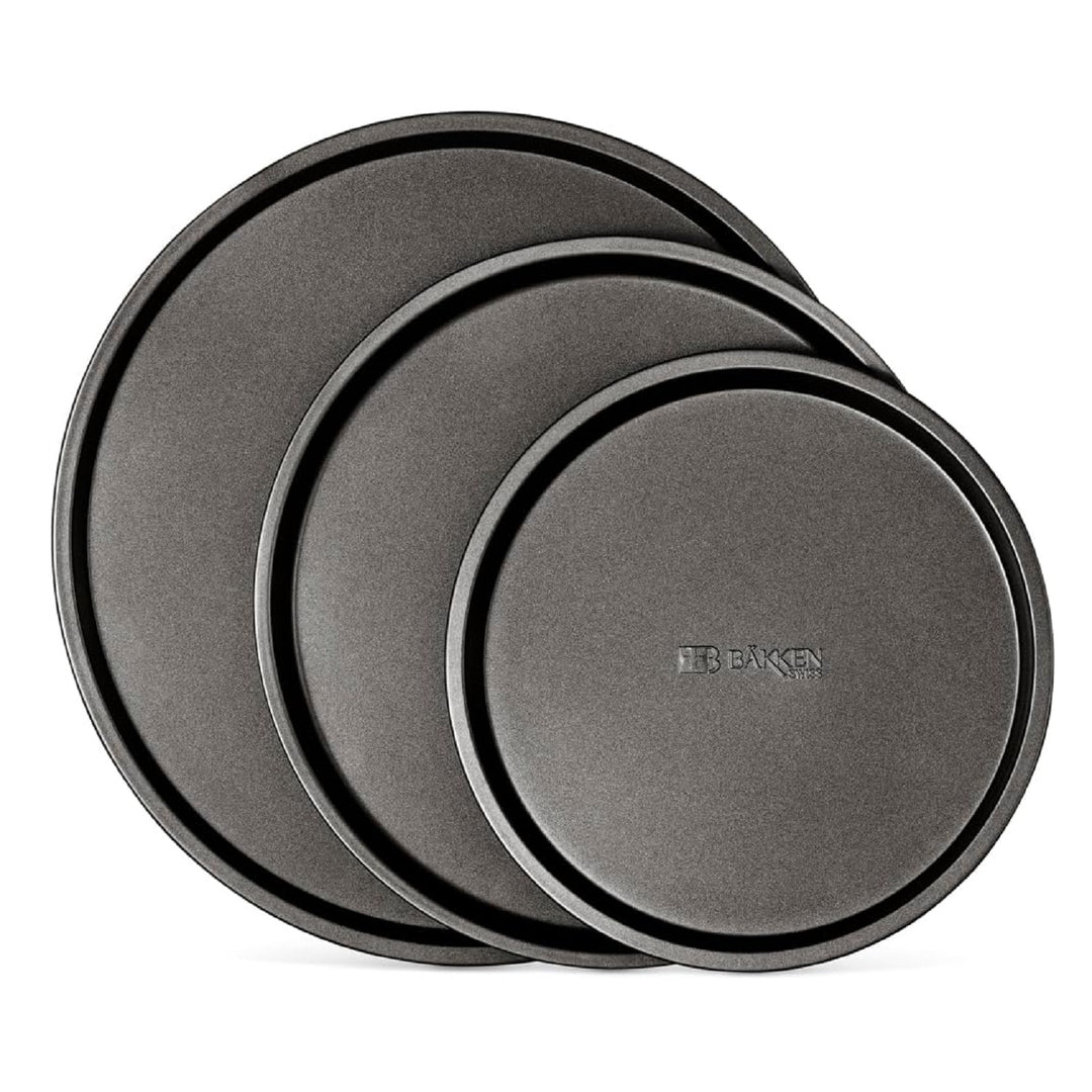 BAKKENMASTER Bakken Swiss Pizza Tray Set 3-Piece – Gray Coating, Non-Stick, Round Steel Pizza Pans - Dishwasher Safe, Premium Bakeware for Home Cooking