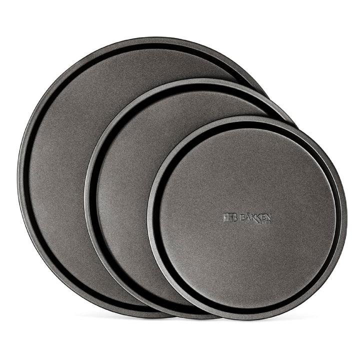 BAKKENMASTER Bakken Swiss Pizza Tray Set 3-Piece – Gray Coating, Non-Stick, Round Steel Pizza Pans - Dishwasher Safe, Premium Bakeware for Home Cooking