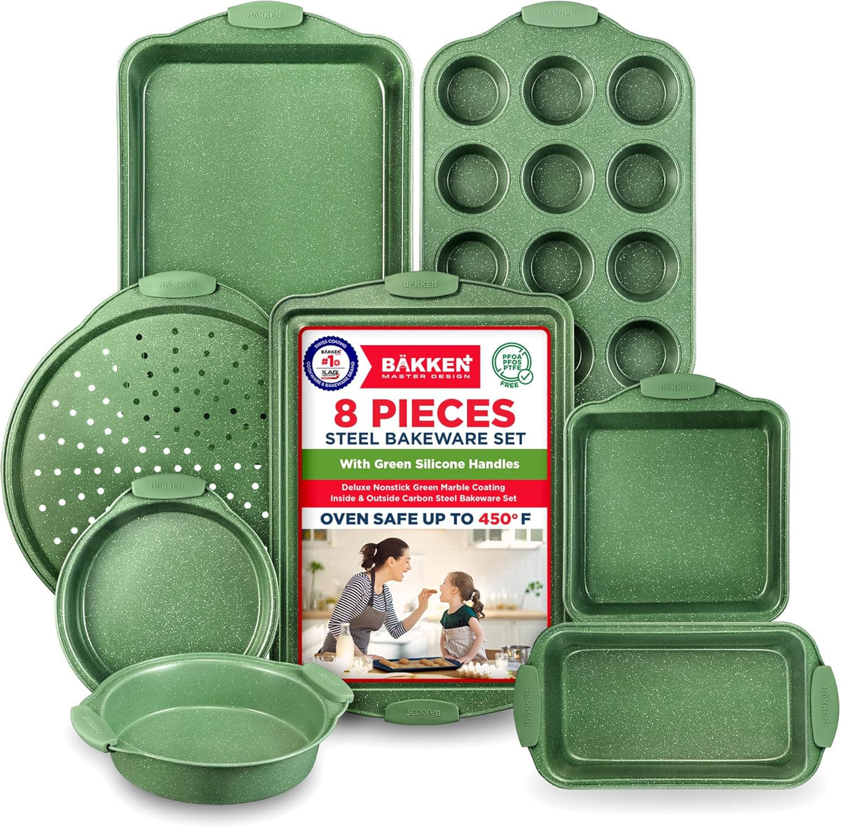 Bakken 8-Piece Bakeware Set – Silicone Handles, Green Marble