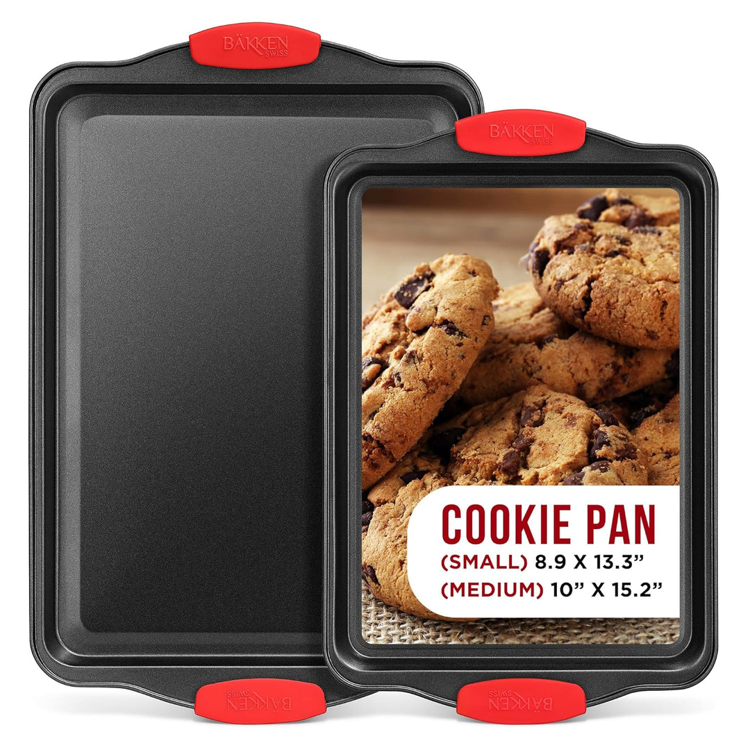 2 Piece Set Nonstick Carbon Steel Oven Bakeware -Professional Quality Kitchen Cooking Baking Trays -PFOA, PFOS, PTFE-Free Medium & Large Baking Sheet Pans with Red Silicone Handles