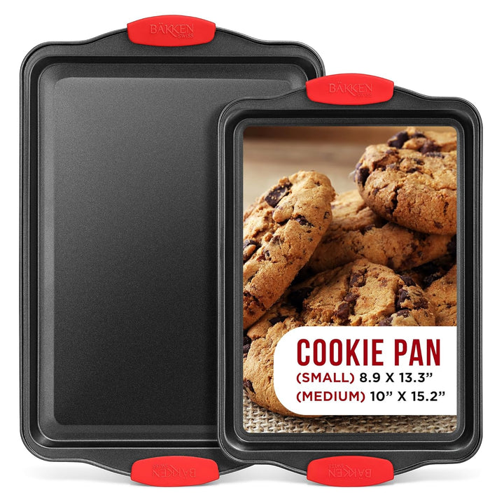 2 Piece Set Nonstick Carbon Steel Oven Bakeware -Professional Quality Kitchen Cooking Baking Trays -PFOA, PFOS, PTFE-Free Medium & Large Baking Sheet Pans with Red Silicone Handles