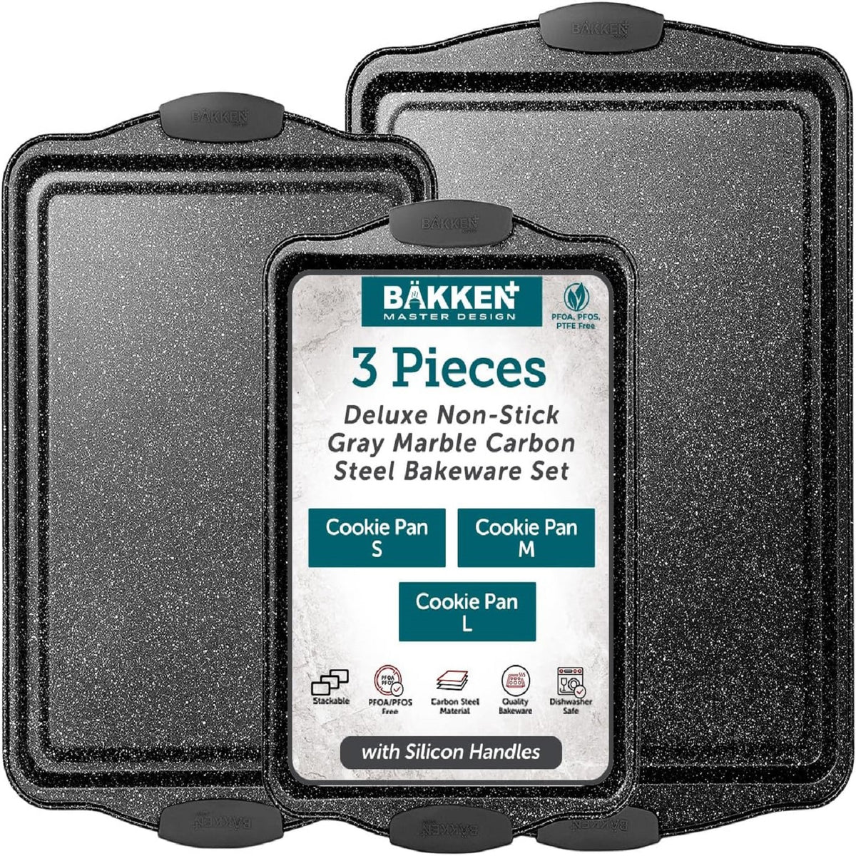 Bakken 3-Piece Cookie Sheet Set – Silicone Handles, Gray Marble