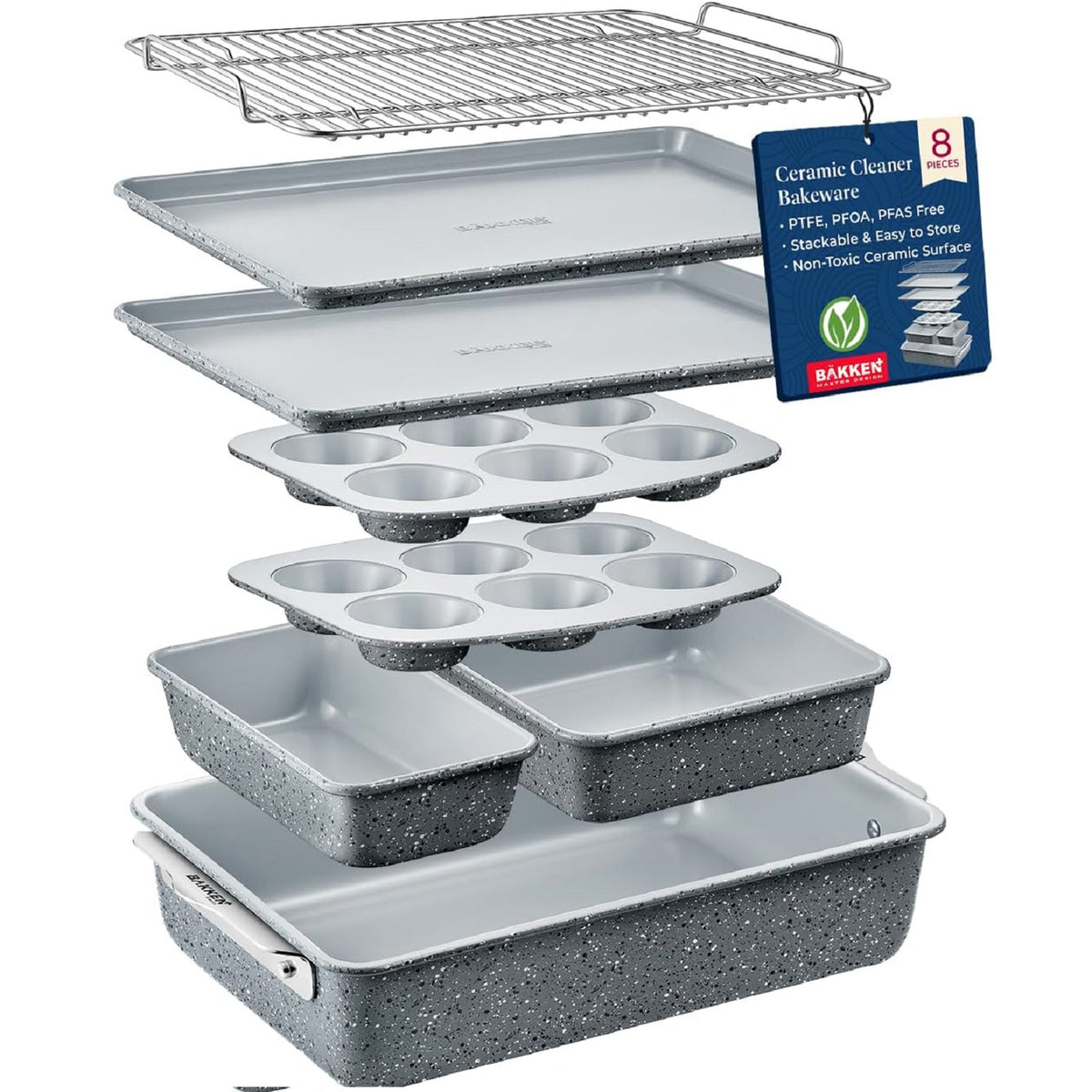 Bakken 8-Piece Ceramic Bakeware Set – Stackable, Marble