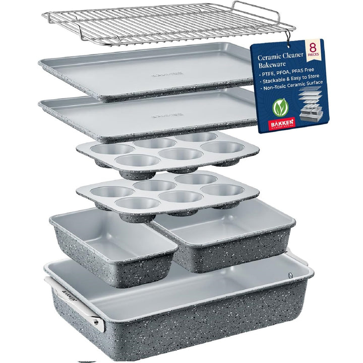 Bakken 8-Piece Stackable Bakeware Set - Ceramic Non-Stick Coating, Baking Sheets, Assorted Baking Pans, PTFE, PFOA & PFOS Free - Healthy Baking, Ergonomic Handles, Cooling Rack, Non-Toxic, Oven-Safe