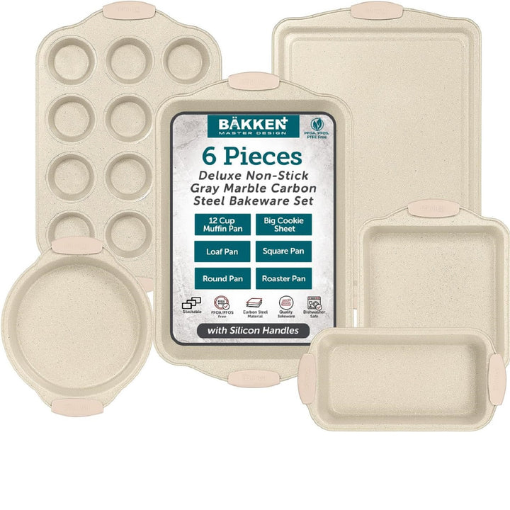 6-Piece Deluxe Nonstick Baking Pan Set - Professional Grade Carbon Steel Bakeware with White Marble Coating & Silicone Handles