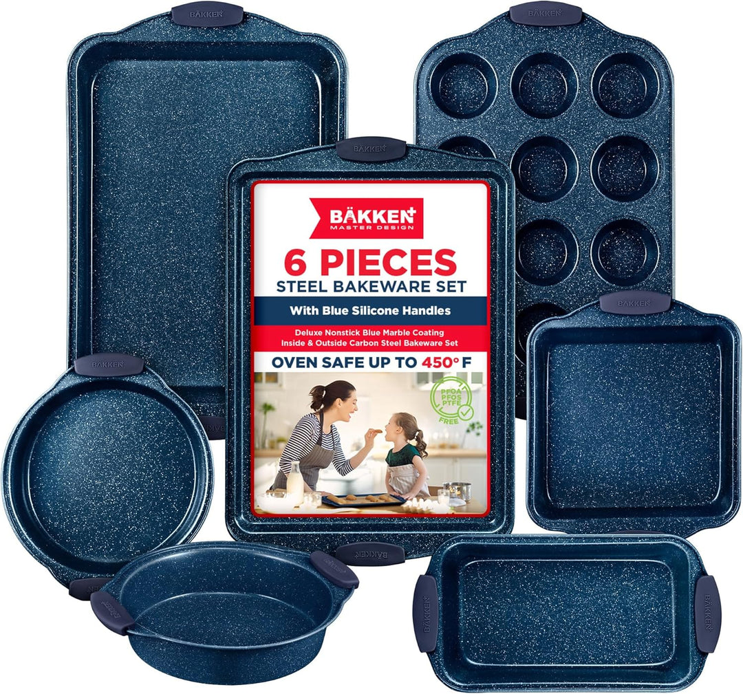 BAKKEN Kitchen Baking Pan Set - Nonstick Coating, Carbon Steel Bakeware Sets with Blue Silicone Handles, Baking Kitchen Essentials, PFOA, PFOS, PTFE Free, Oven Safe Tray (Up To 450° F), Set of 6